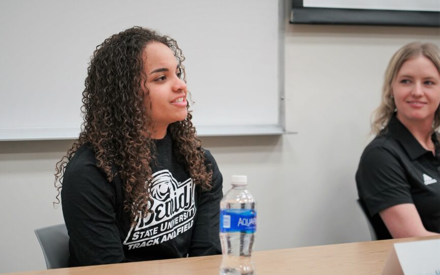 Bemidji State freshman Abbie Disbrow discusses the effects of Title IX during a speaker panel on Wednesday, Feb. 1, 2023, in the Beaver Pride Room.