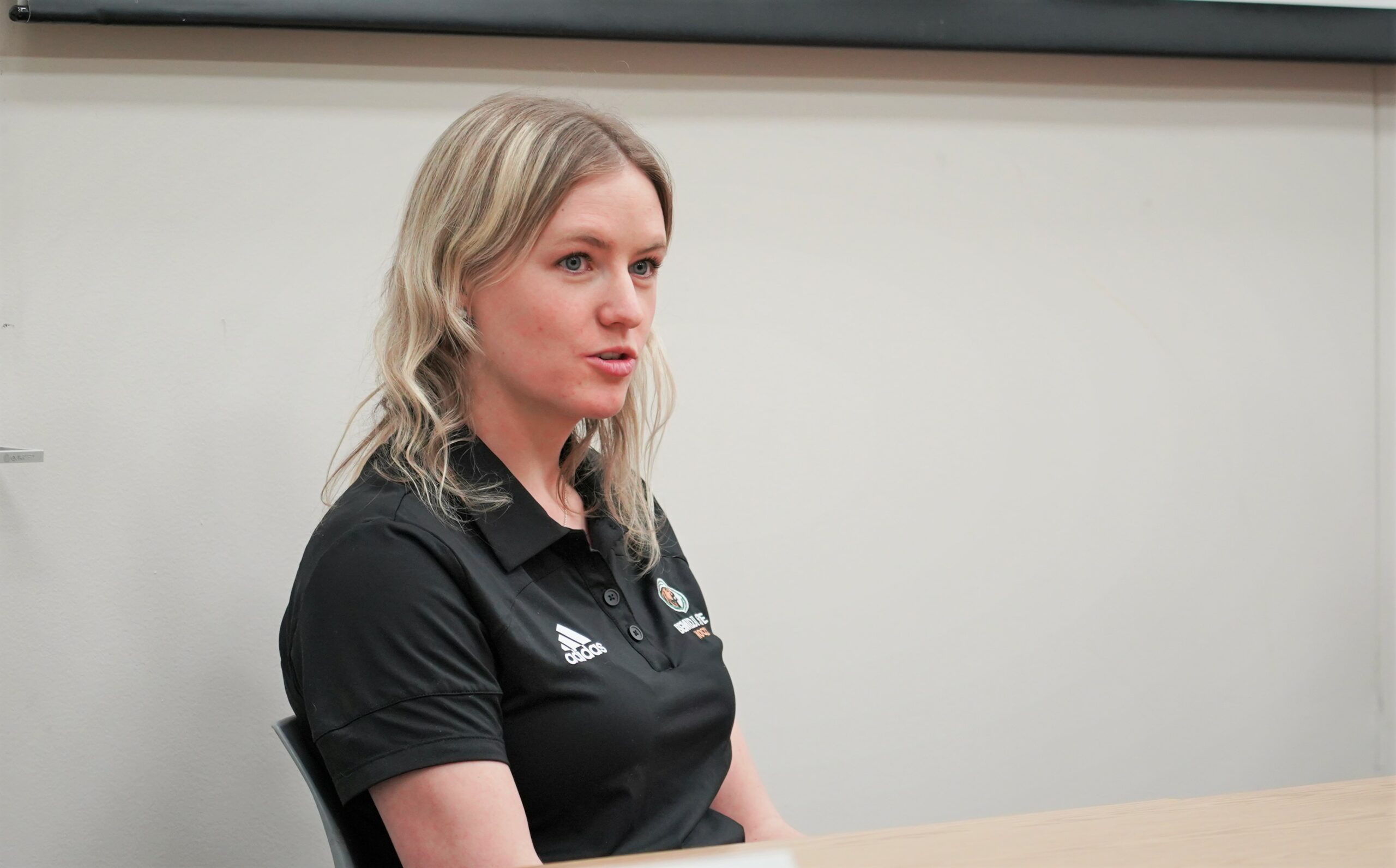 Emma Terres-Sobieck, a former BSU women's hockey player and a current assistant coach for the Beavers, discusses Title IX during a speaker panel on Wednesday, Feb. 1, 2023, in the Beaver Pride Room.