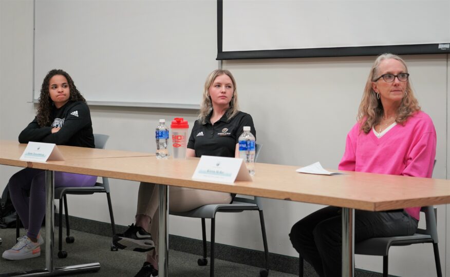 Title IX panelists, from left, Abbie Disbrow, Emma Terres-Sobieck and Kristen McRae participate in a speaker panel on Wednesday, Feb. 1, 2023, in the Beaver Pride Room.