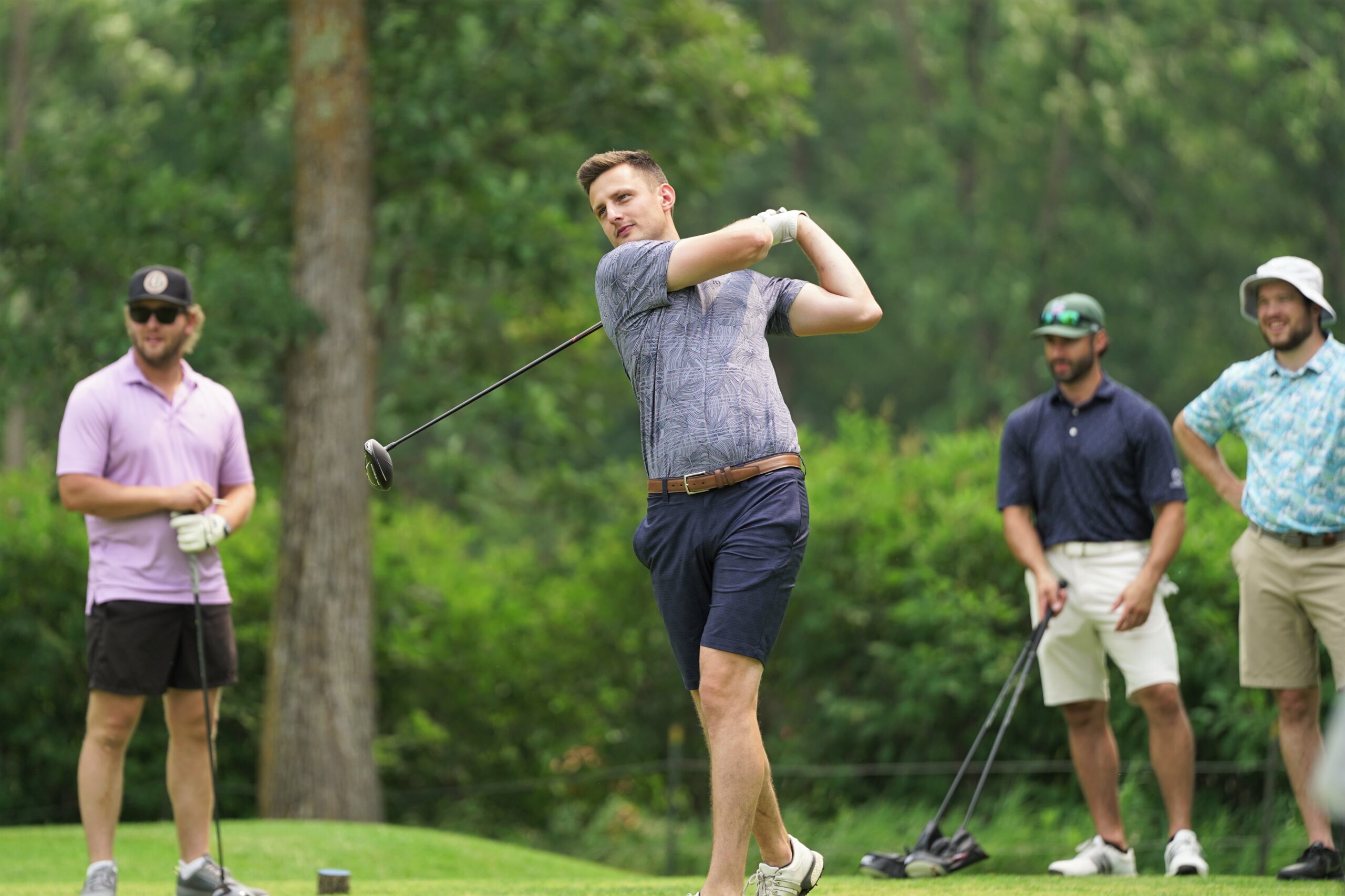 Jesse Wilkins tees off on hole No. 3 during the 26th annual Galen Nagle Memorial Golf Tournament on Friday, July 14, 2023, at the Bemidji Town and Country Club. (Micah Friez / Bemidji State)