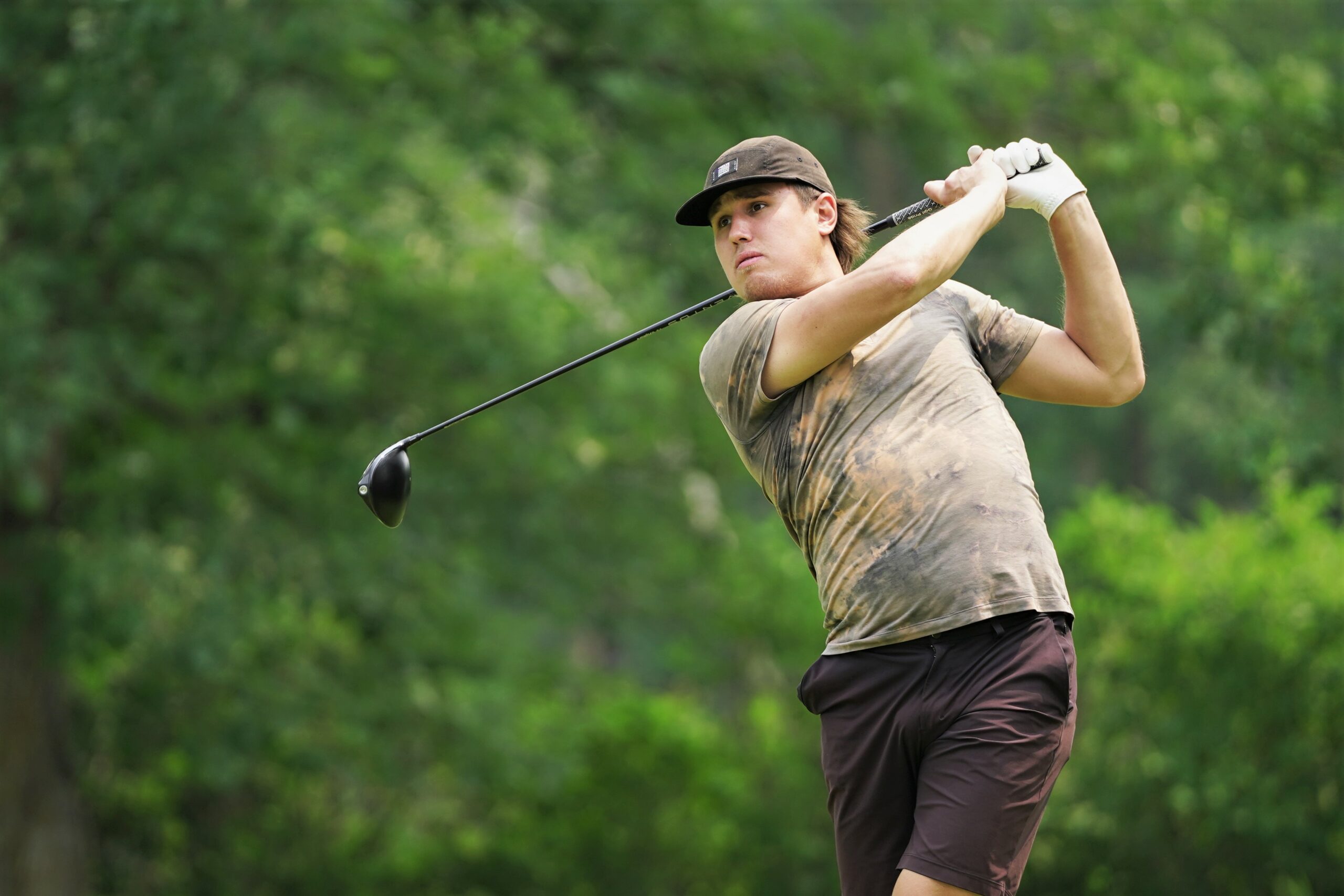Zach Whitecloud tees off from hole No. 3 during the 26th annual Galen Nagle Memorial Golf Tournament on Friday, July 14, 2023, at the Bemidji Town and Country Club. (Micah Friez / Bemidji State)