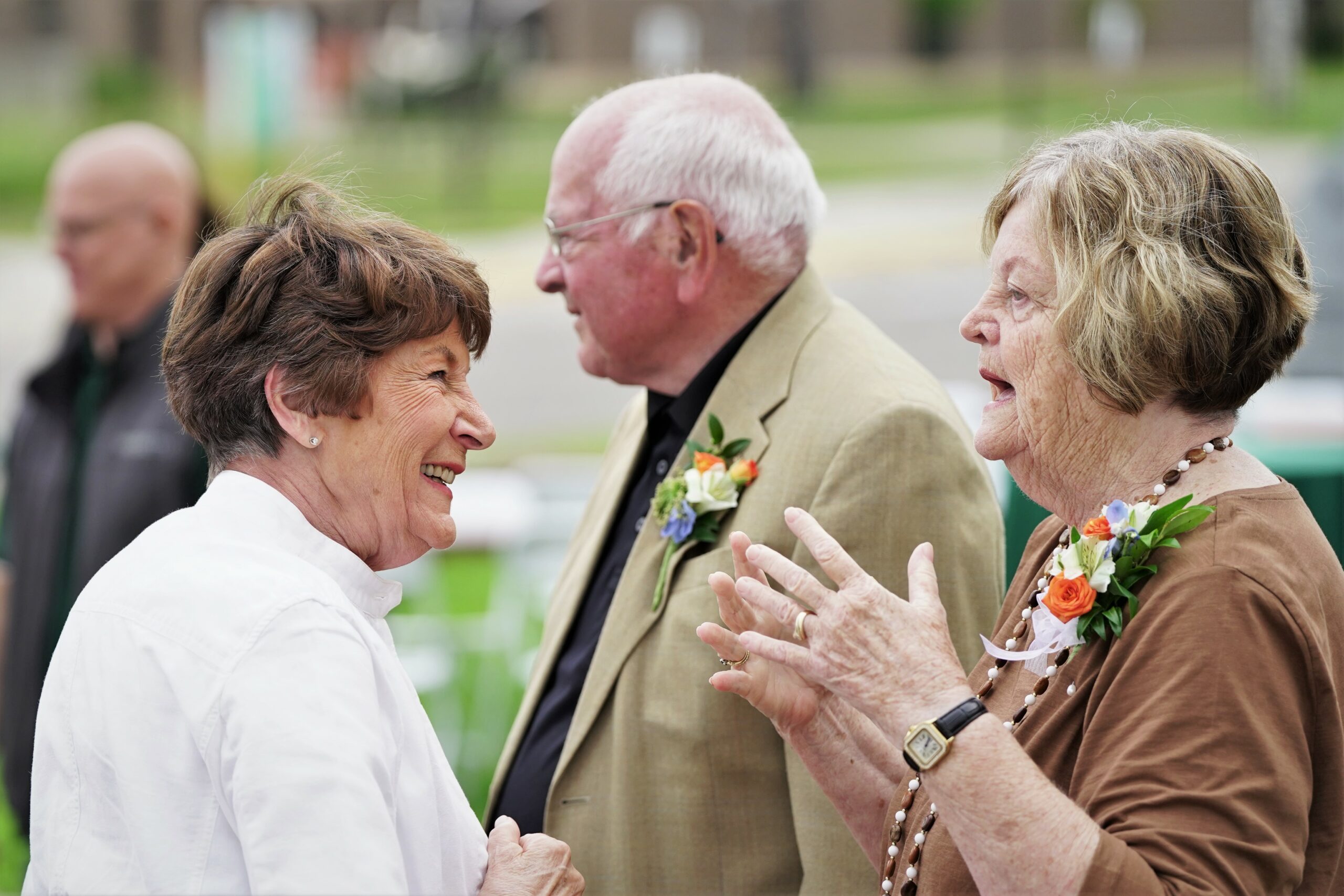 Mary Lou Peters, left, the wife of the late Bemidji State hockey coach Bob Peters, greets Nancy Bensen during a send-off reception on Thursday, Aug. 10, 2023, at the David Park House. (Micah Friez / Bemidji State)