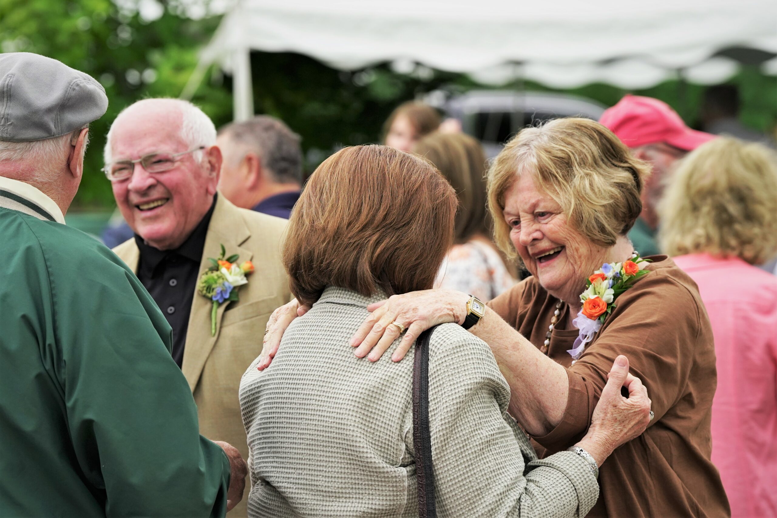 Nancy Bensen, right, greets a guest during her send-off reception on Thursday, Aug. 10, 2023, at the David Park House. (Micah Friez / Bemidji State)