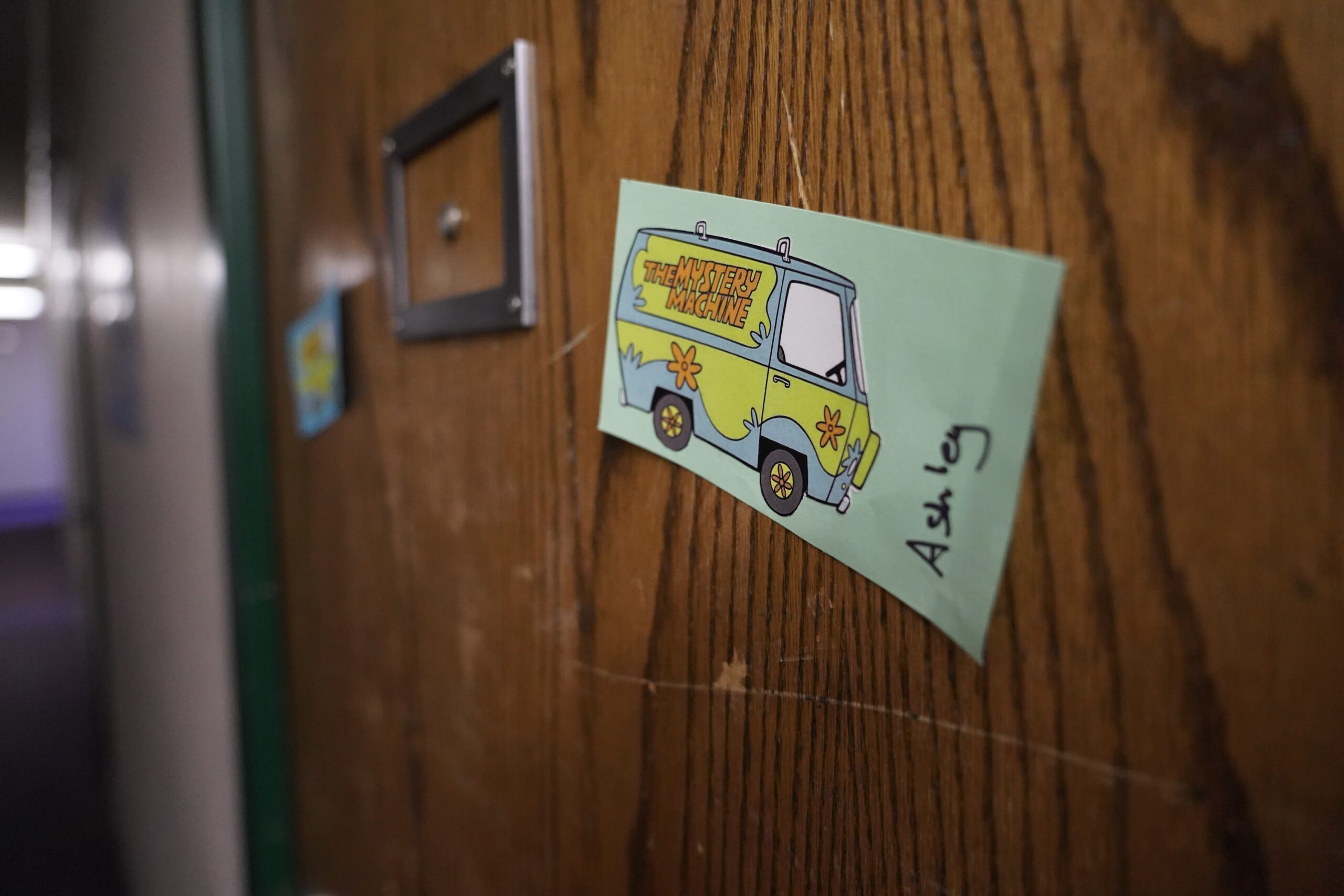 A Scooby-Doo-themed door decal welcomes a student into her new room inside Tamarack Hall during move-in day on campus on Thursday, Aug. 17, 2023. (Micah Friez / Bemidji State)