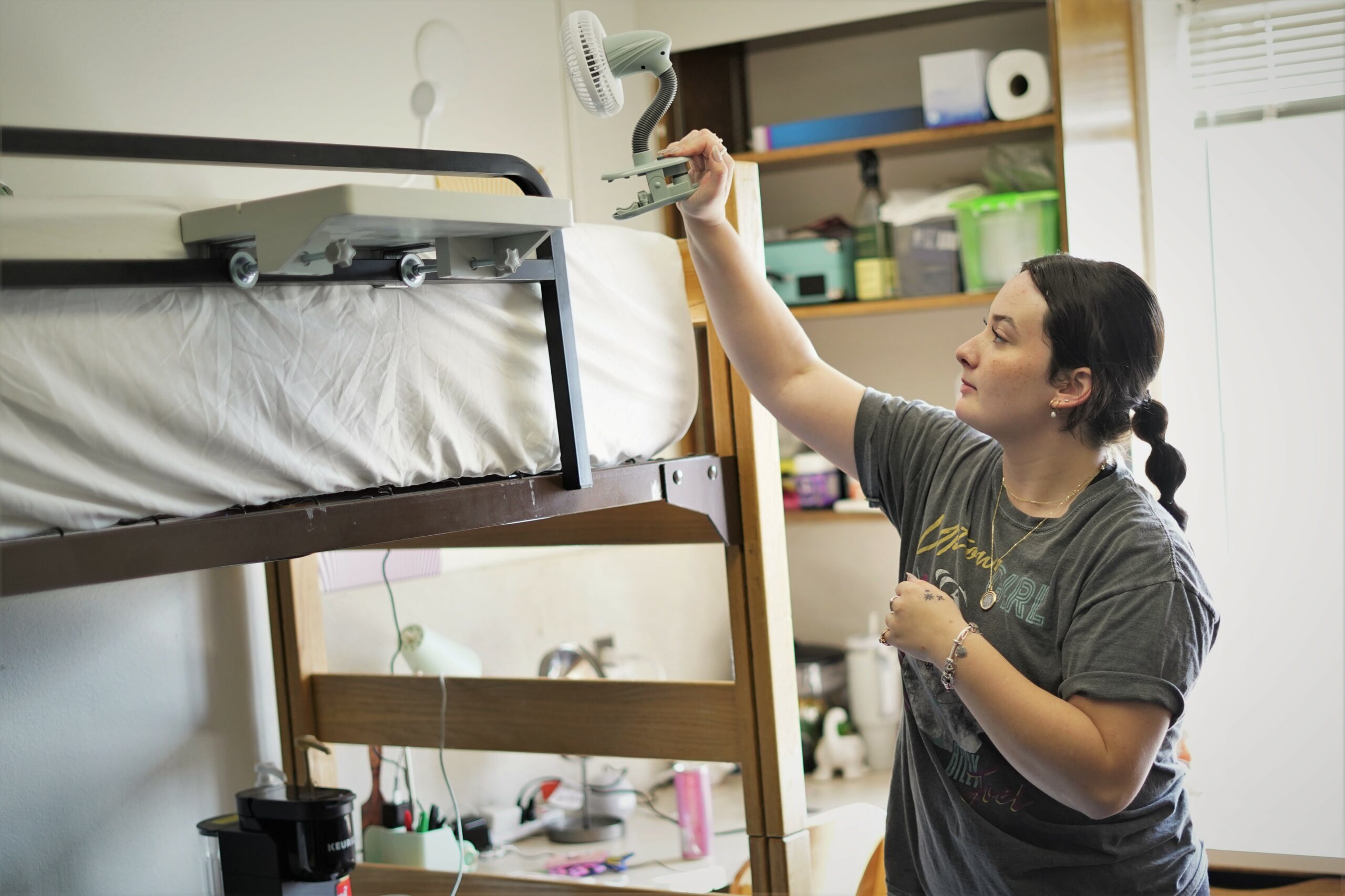 A student unpacks in her new dorm room inside Tamarack Hall during move-in day on campus on Thursday, Aug. 17, 2023. (Micah Friez / Bemidji State)
