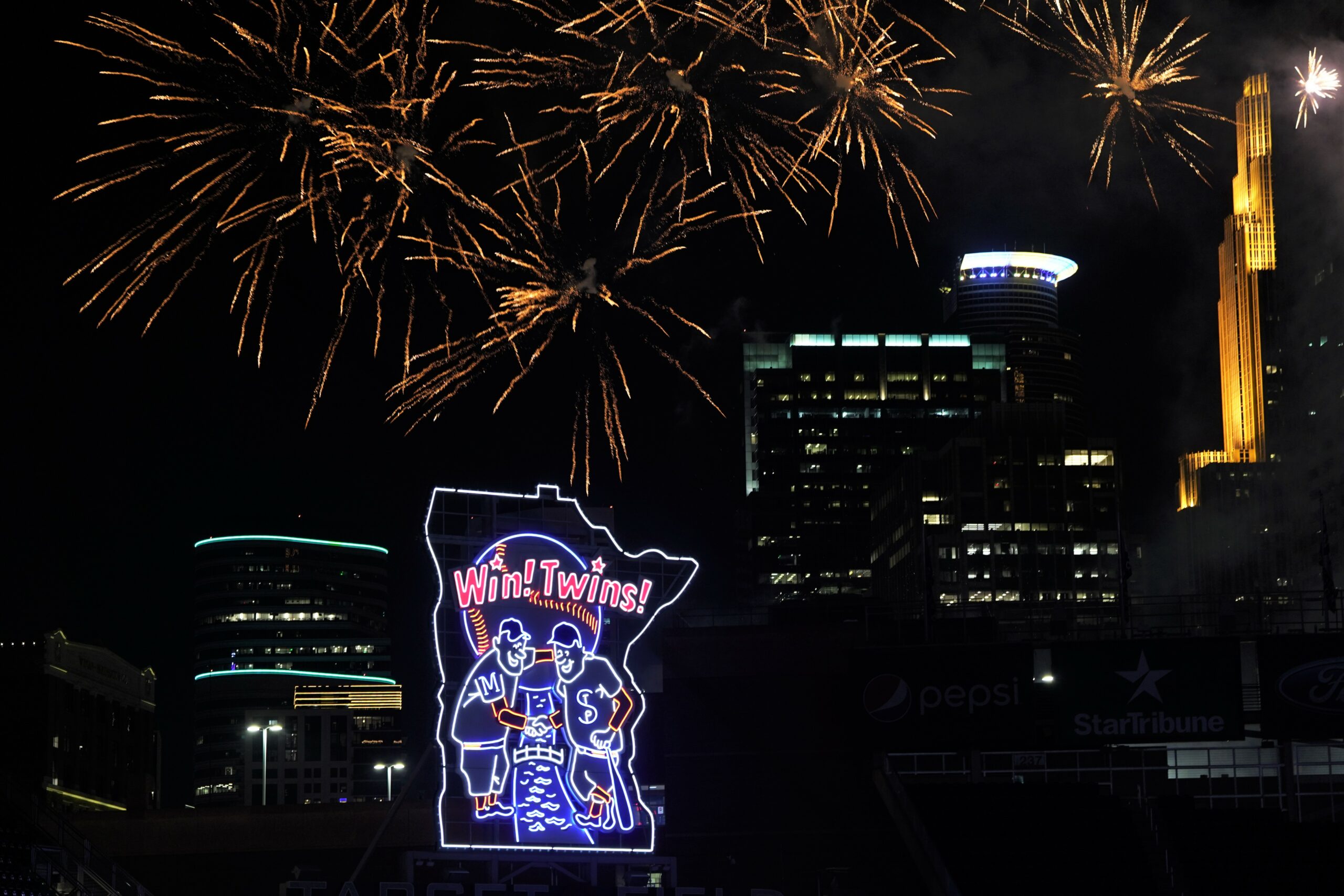 Fireworks explode above the stadium after the Minnesota Twins hosted the Texas Rangers for BSU Night at Target Field on Friday, Aug. 25, 2023, in Minneapolis. (Micah Friez / Bemidji State)