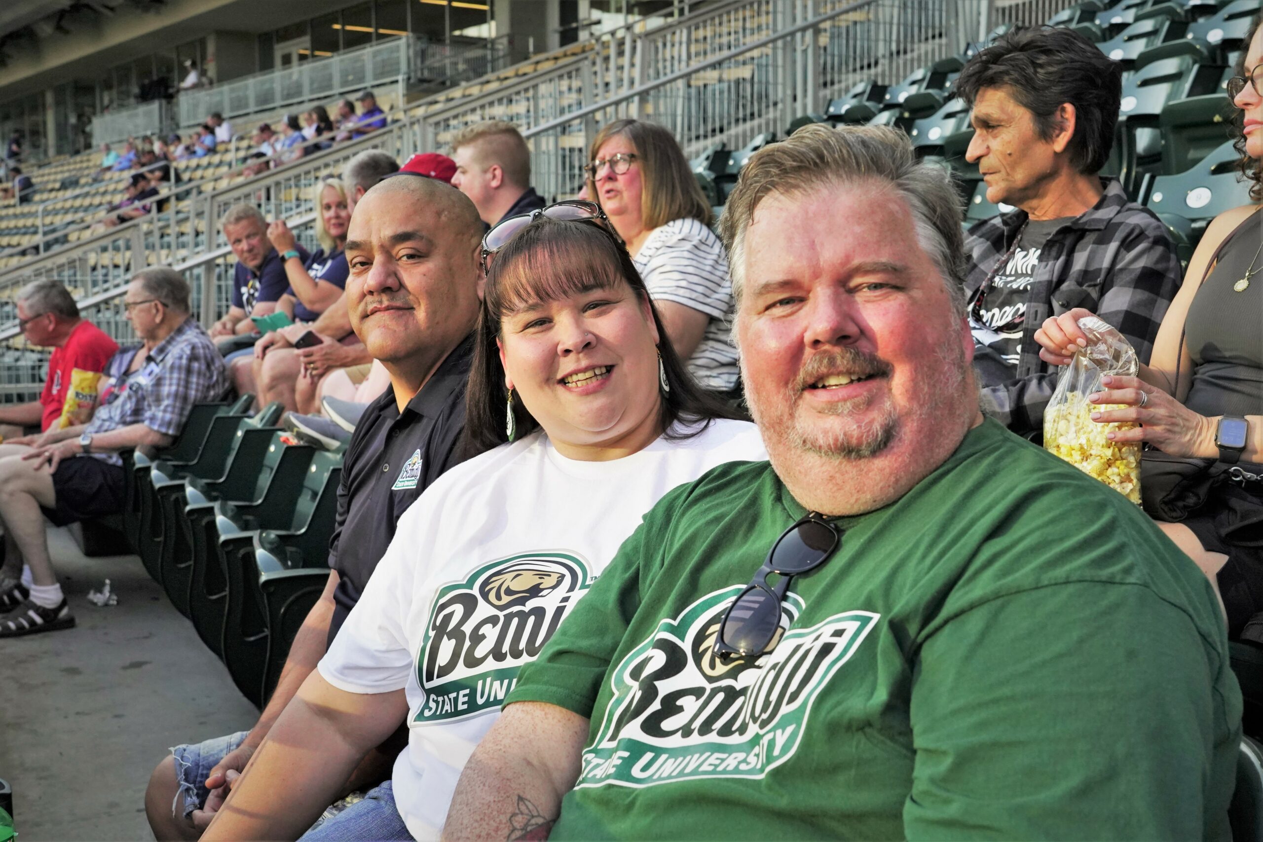 Lee Lussier Jr., left, Chrissy Downwind, center, and Travis Greene repped Bemidji State and cheered on the Twins for BSU Night at Target Field on Friday, Aug. 25, 2023, in Minneapolis. (Micah Friez / Bemidji State)