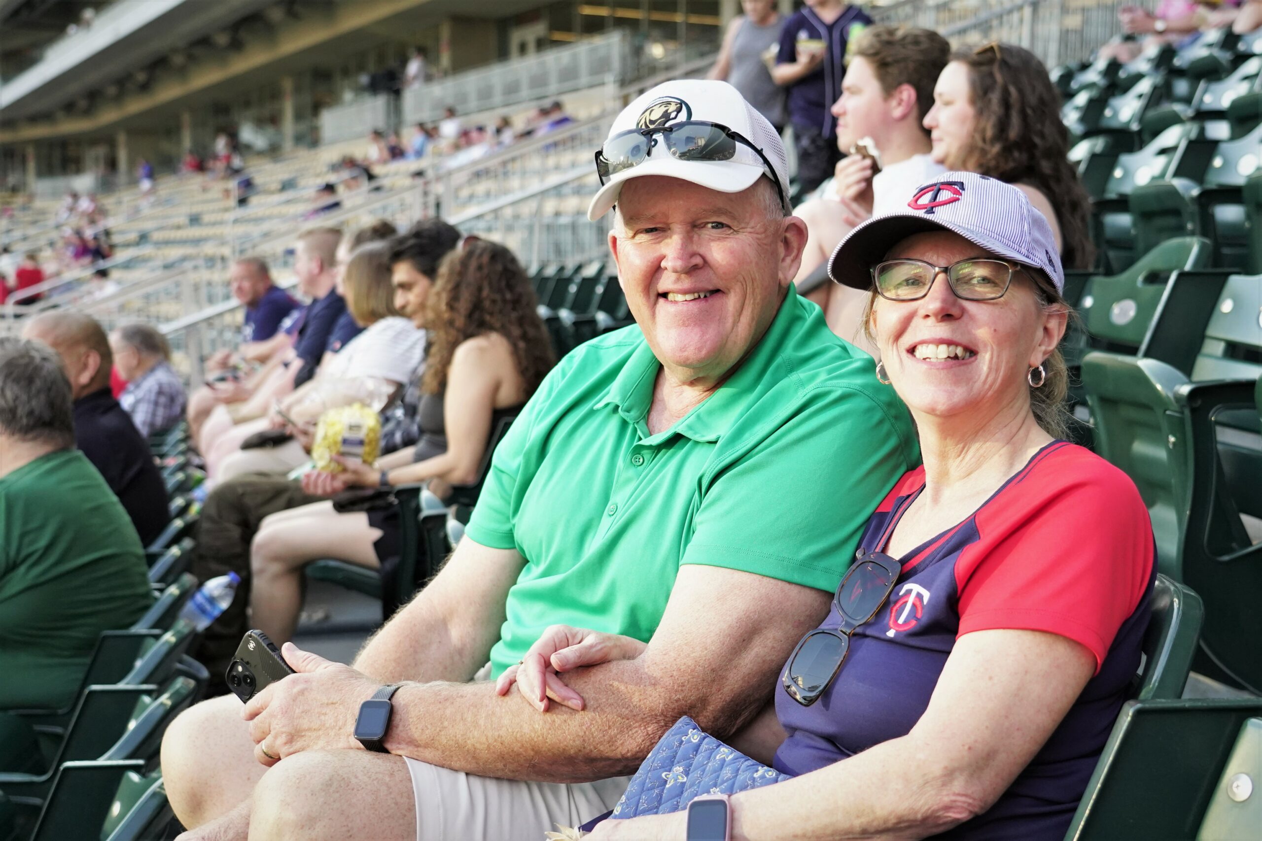Mark O'Neill, left, and Cheryl O'Neill joined fellow Bemidji State alumni for BSU Night at Target Field on Friday, Aug. 25, 2023, in Minneapolis. (Micah Friez / Bemidji State)