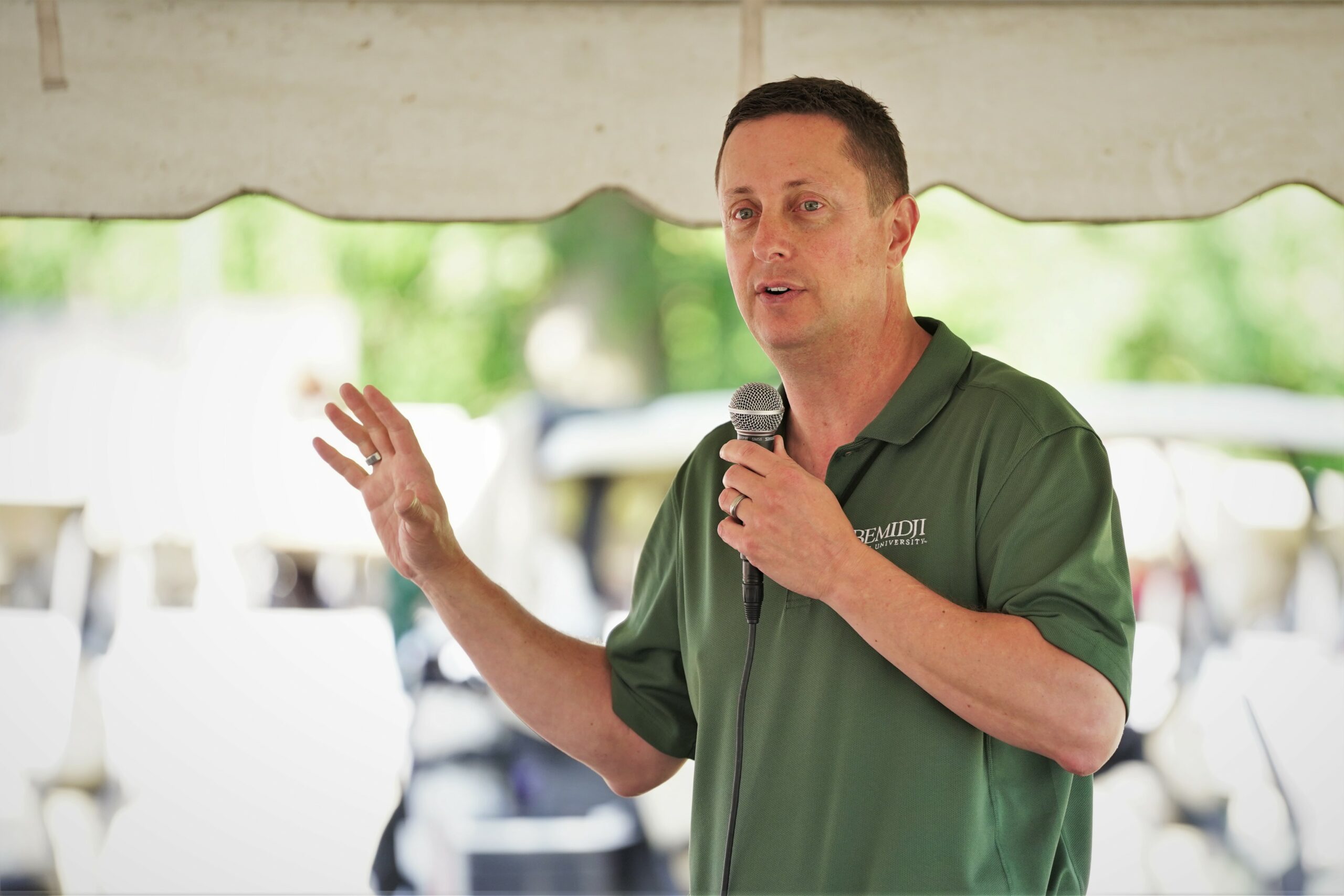 John L. Hoffman, the president of Bemidji State University and Northwest Technical College, delivers a speech during the Howe-Welle Women's Athletics Golf Tournament on Friday, Aug. 25, 2023, at the Bemidji Town and Country Club. (Micah Friez / Bemidji State)