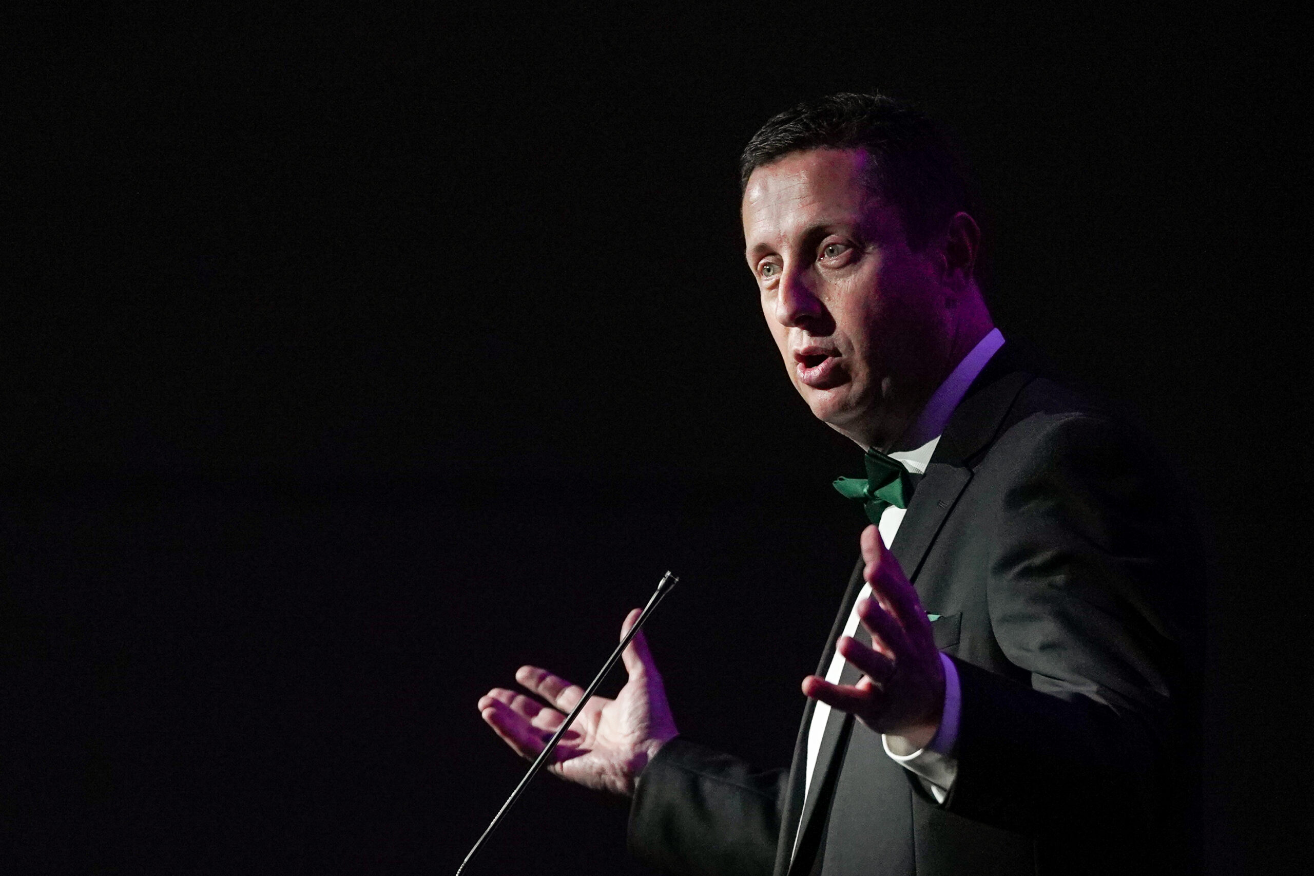 John L. Hoffman, the president of Bemidji State University and Northwest Technical College, delivers a speech during the Honors Gala on Friday, Sept. 29, 2023, at the Sanford Center. (Micah Friez / Bemidji State)
