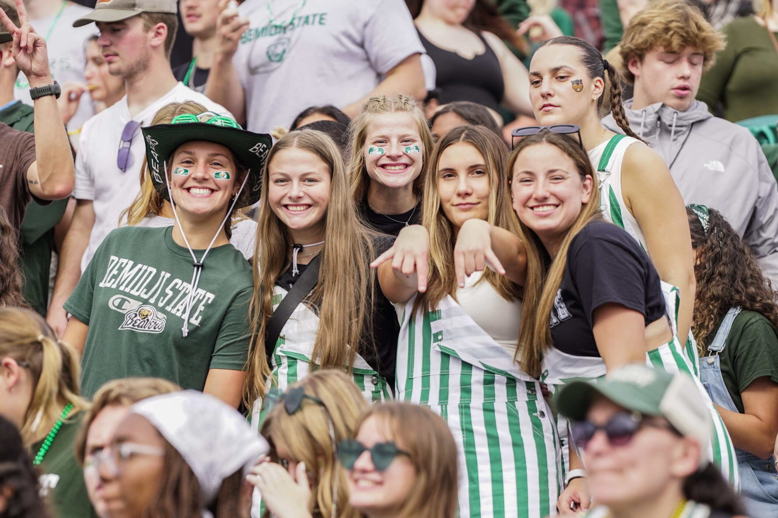 Members of the Bemidji State women's basketball team take part in the action at the Homecoming football game on Saturday, Sept. 30, 2023, at Chet Anderson Stadium. (Micah Friez / Bemidji State)