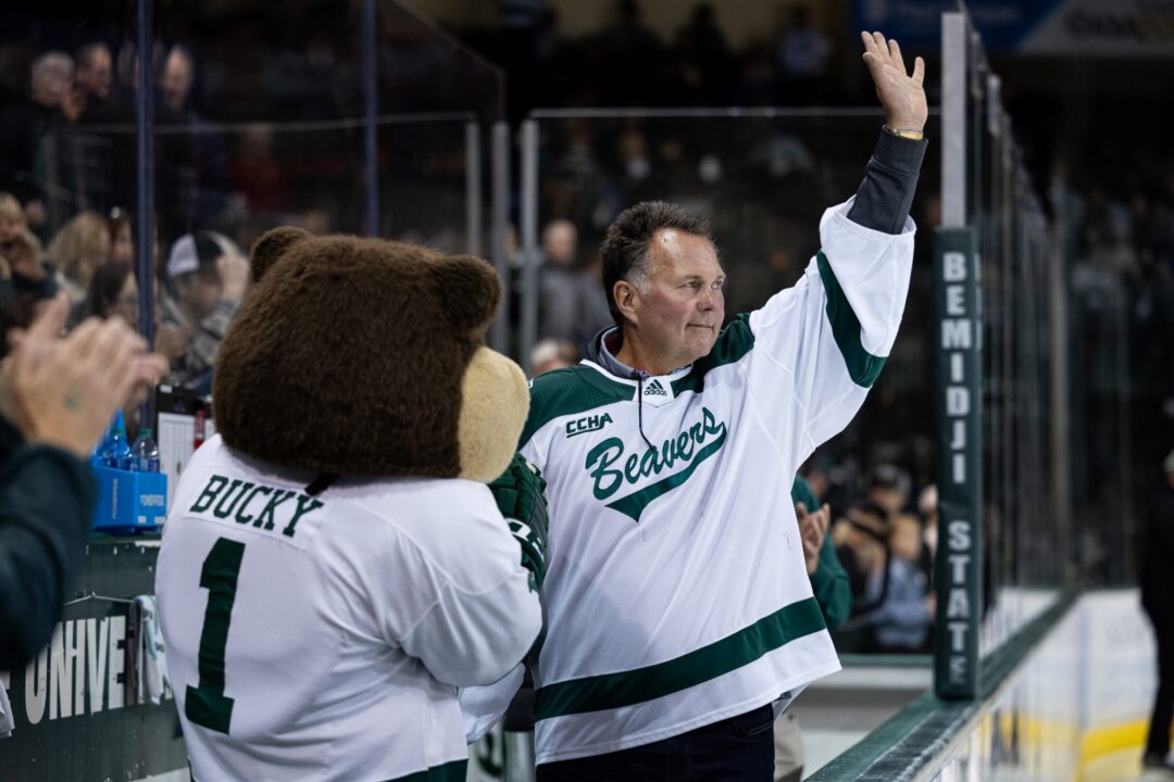 Mark Liska, a 2023 Athletic Hall of Fame inductee, is recognized during the intermission of a Bemidji State men's hockey game on Friday, Oct. 13, 2023, at the Sanford Center. (Courtesy / Brent Cizek)