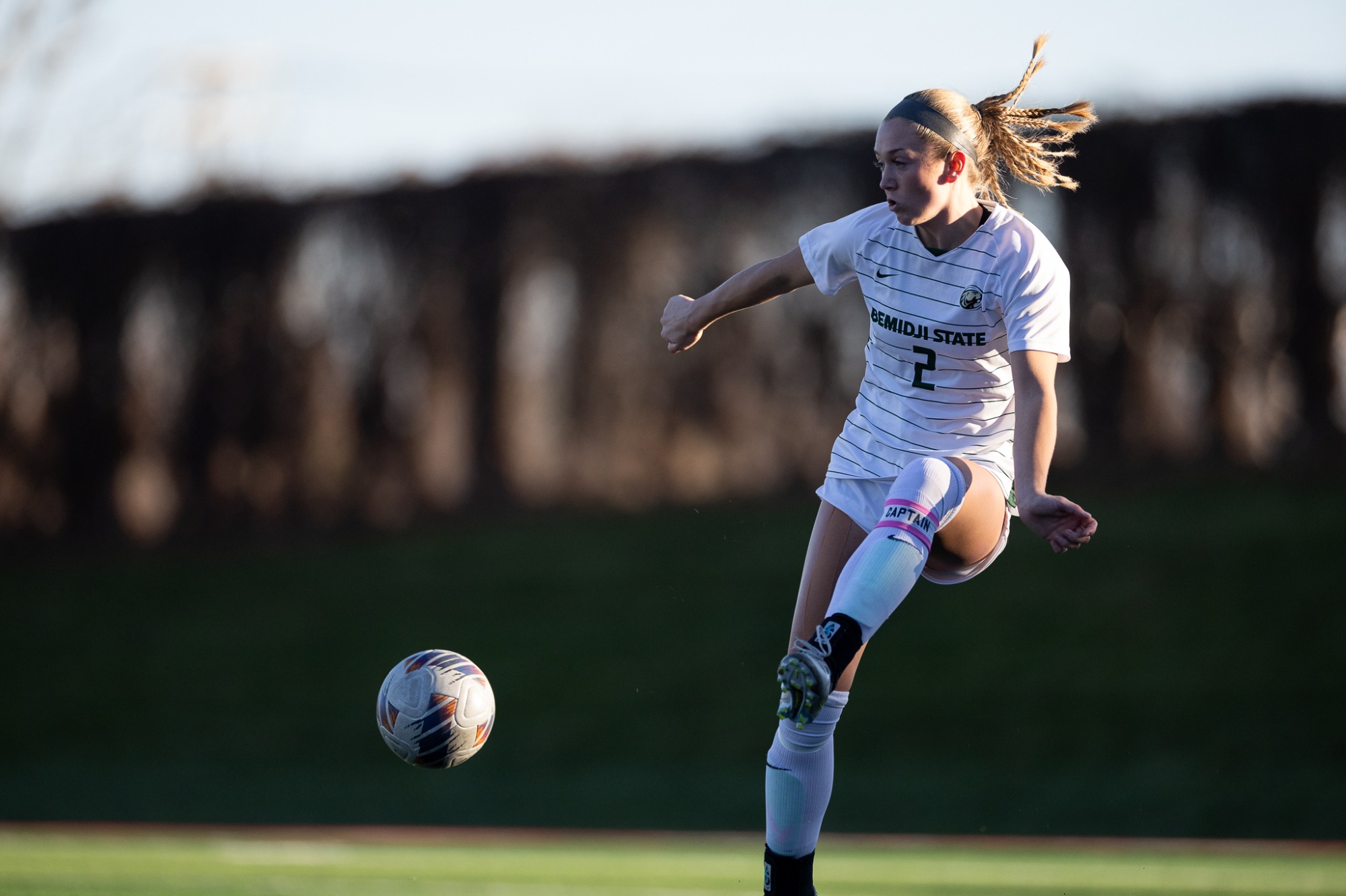 Bemidji State fifth-year Halle Peterson kicks the ball during the NSIC Tournament championship game on Sunday, Nov. 12, 2023, in St. Cloud. (Courtesy / Brent Cizek Photography)