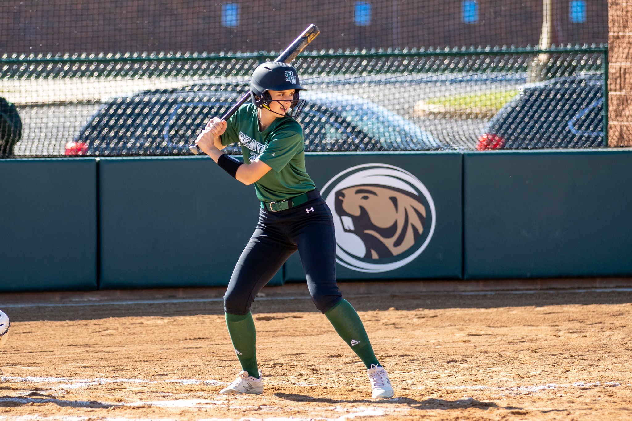 Grace Gumiela readies for a pitch during a 2023 game at the BSU softball field. (Courtesy / Candace Kessel)