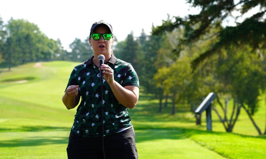 Director of Athletics, Britt Lauritsen giving her opening speech to kick off the 2024 Howe-Welle Women's Athletics Fundraiser. (Stella Dolan / Bemidji State)