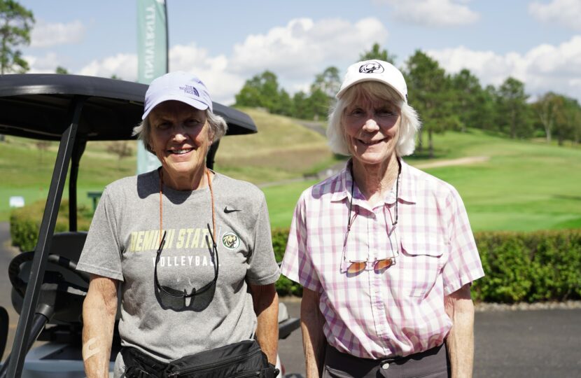 Donna Palivec, former head coach of BSU volleyball and 2017 Hall of Fame Inductee and Muriel Gilman, former women’s athletic trainer, retired professor, only head coach of the men’s and women’s cross country ski teams, and 2019 Hall of Fame Inductee at the 2024 Howe-Welle Women's Athletics Fundraiser. (Stella Dolan / Bemidji State)