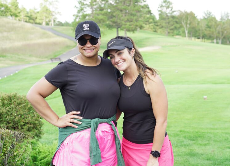 Allyssa Joseph and Krisi Fenner pose after their team won the 2024 Howe-Welle Women's Athletics Golf Tournament. (Stella Dolan / Bemidji State)