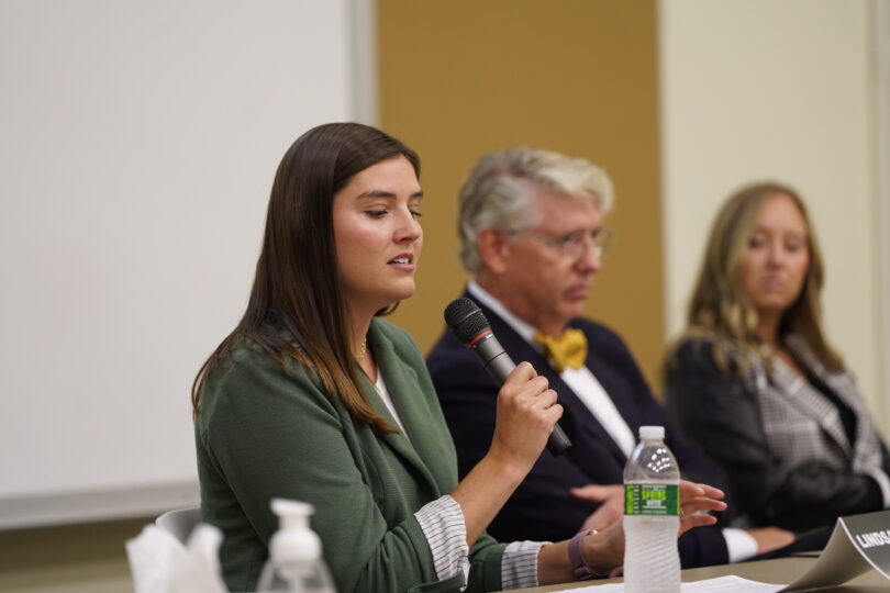 Lindsay West '09, current Senior Marketing Specialist for Teston-Arctic Cat, speaking to students on Sept. 27, 2024 at the Alumni Leaders in the Classroom event. 