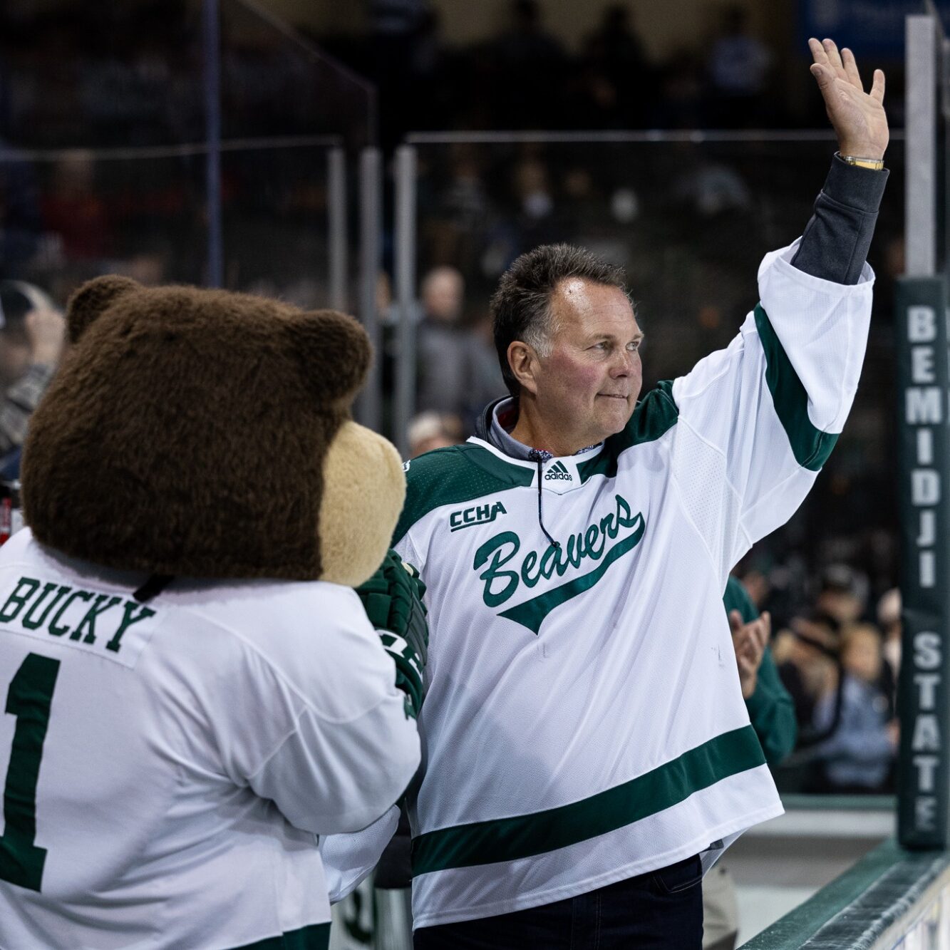 Mark Liska, a 2023 Athletic Hall of Fame inductee, is recognized during the intermission of a Bemidji State men's hockey game on Friday, Oct. 13, 2023, at the Sanford Center. (Courtesy / Brent Cizek)