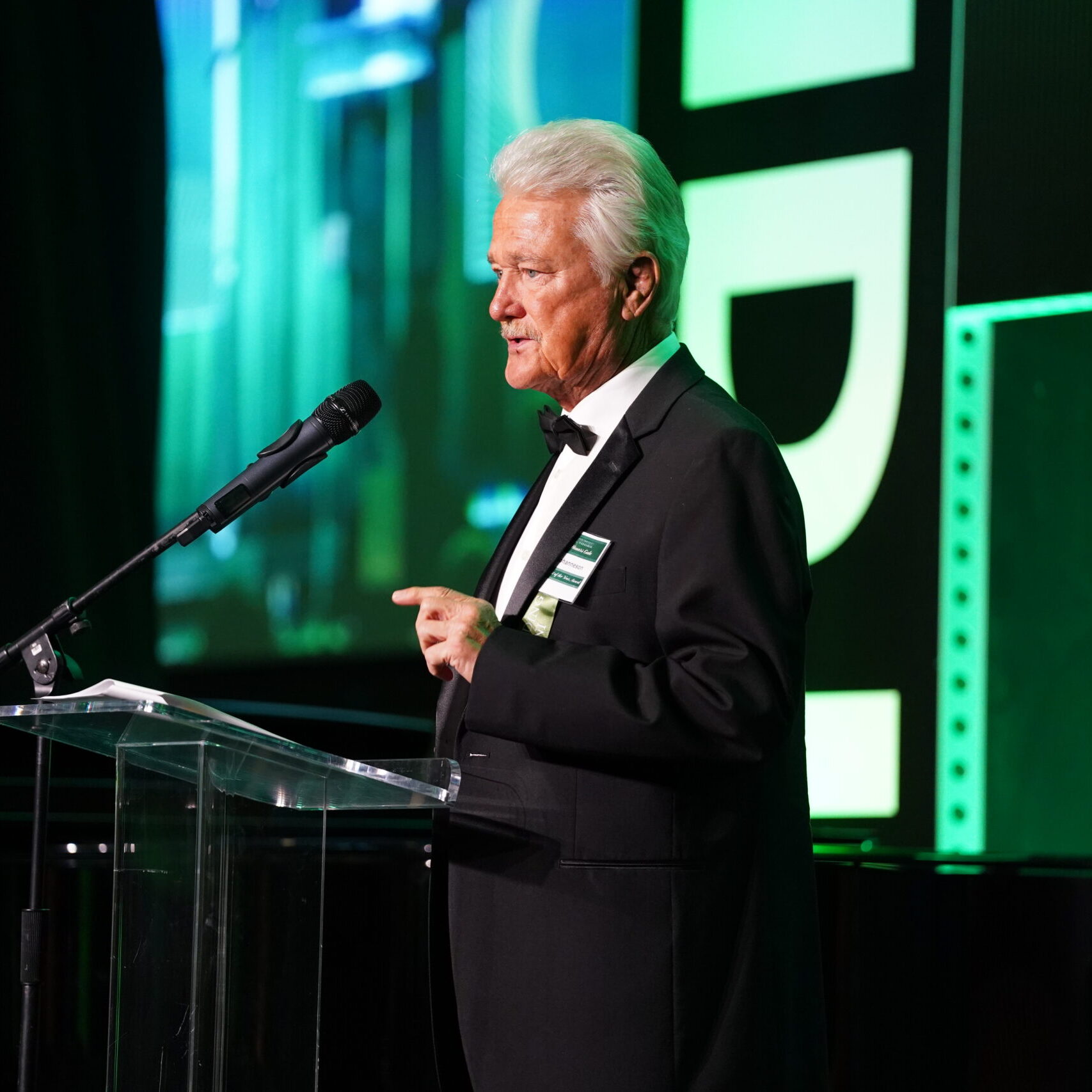 Keith Johanneson, the inaugural Philanthropist of the Year Award recipient, delivers his speech at the Honors Gala on Friday, Sept. 27, 2024, at the Sanford Center. (Stella Dolan / Bemidji State)